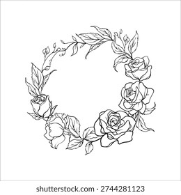Botanical wreath featuring a dense arrangement of roses concentrated along the lower curve with lighter foliage along the upper arc. Drawn in clean fine line style and isolated on a white background, creating an elegant frame suitable for romantic and decorative layouts