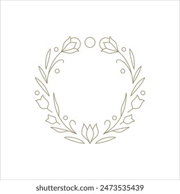 Botanical wreath flower circle frame blossom linear decor for simple logo vector illustration. Monochrome round border floral blooming botany natural plant design for beauty salon wedding invitation