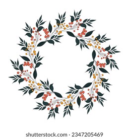 Botanical wreath of foliage and berries. The bouquet is suitable for decorating Christmas cards, New Year invitations.	