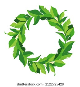 Botanical wreath of green branches and leaves. Circle foliage frame for decoration, design, label. Green fresh leaves in round composition. Minimal style vector herbal illustration on white background