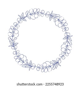 Botanical wreath with herbs, eucalyptus and fern. Hand drawn illustration with blue ink on white. 