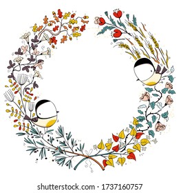 Botanical wreath illustration with tit birds. Cartoon set. EPS10 vector file.