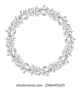 Botanical wreath of leaves, flowers, herbs, and twigs. Floral frame, black contour, isolated on white. Sketch garland for wedding decoration and design projects. Vector illustration