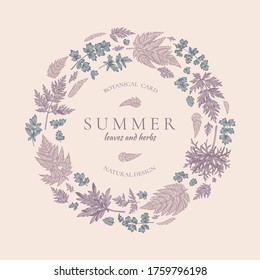 Botanical wreath with leaves and herbs. Vintage round frame. Vector illustration. Lilac, blue, pink.
