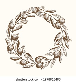 Botanical wreath with olives and leaves isolated on white background. Fresh and organic mediterranean plant. Healthy and beneficial food. Hand drawn vector illustration. Sketch style. 