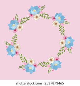   Coronas botánicas con coronas florales azules, rosadas y meticulosamente diseñadas. Perfecta para el arte de la pared, las invitaciones o la decoración de temporada, la corona cuenta con una mezcla armoniosa de flores delicadas y vegetación 