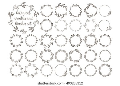 Botanical wreaths and brushes set. Hand drawn design elements for tag, label, logo, greeting card, wedding invitation, scrapbook. Grunge vector illustration.