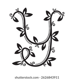 Botanical Y ontworpen met wervelende zwarte wijnstokken en bladeren in vintage stijl. Perfect voor initialen, logo's en milieuvriendelijk decoratief gebruik.