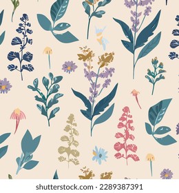 botanicals seamless floral flower pattern. Garden flowers, plants, and pattern vector design for fashion, fabric, and wallpaper. small flowers and leaves Cute patterns. jungle cute flowers