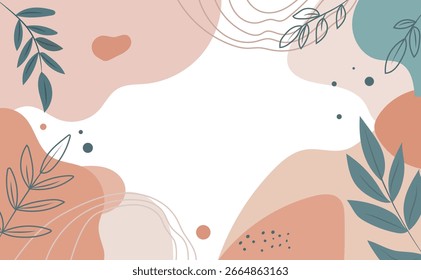 A botanical-style background design combining abstract shapes and plant motifs. Characterized by soft earth tones and a minimalist Scandinavian style.