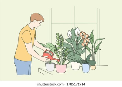 Botanics, hobby, lifestyle, nature, care, work concept. Young man or guy cartoon character florist pouring houseplants flowers with watering can. Domestic life recreation and floristics occupation.