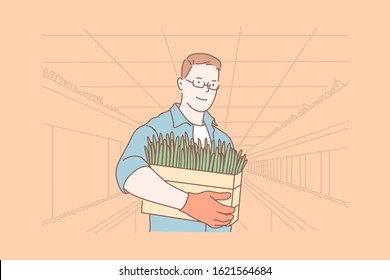 Botanics, plant growing, agriculture, work concept. Young botanist work in greenhouse, does plant growing. Agriculture is linked to botanics. Plant growing is important for humanity Simple flat vector