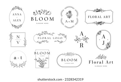 Botanique emblem collection. Floral frames, monogram with blooming flowers and elegant branches. Wedding invitation template vector set. Different borders with foliage and botanical elements