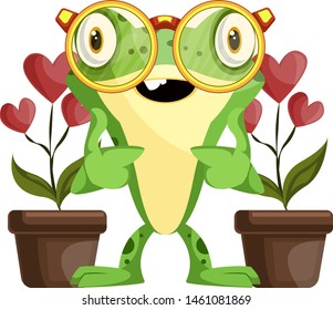 Botanist frog taking care of heart-shaped flowers, illustration, vector on white background.