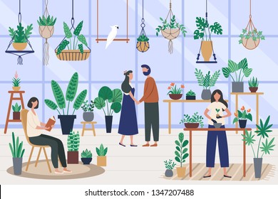 Botanist greenhouse. Planting houseplant, grow plants and planter hobby. Friends spending time at orangery, garden meditation or botanist planters relaxing vector illustration