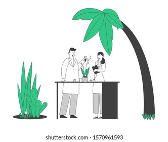 Botanist Scientists in Greenhouse with Gadget and Test Tube Learning Exotic Rare Plants Species. Agriculture, Farming Industry, Botany Science Investigation. Cartoon Flat Vector Illustration, Line Art