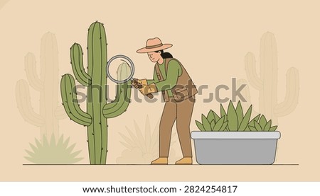 Botanist wearing a hat inspects a tall cactus with a magnifying glass in a desert.