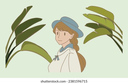 Botanist wearing hat standing in front of big banana leaves. Solo traveler in tropical regions. Hand drawn flat cartoon character vector illustration.