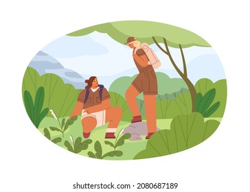 Botánicos explorando la naturaleza y las plantas. Biólogos mujeres estudiando el medio ambiente al aire libre. Científicos exploradores en aventura de verano. Caminantes en el bosque. Ilustración vectorial plana aislada en fondo blanco