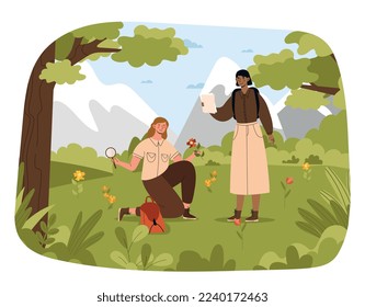 Botanists in forest. WWomen collect flowers and record their species, scientists conduct research in fresh air. Biology and floristry. Poster or banner for website. Cartoon flat vector illustration