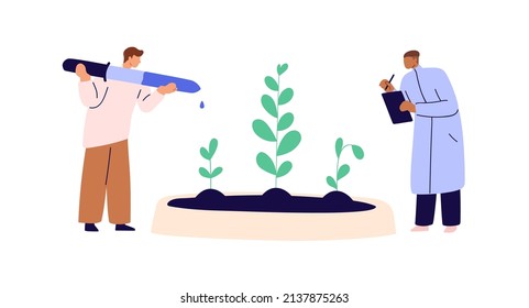 Botanists studying plants, conducting botany research in science laboratory. Scientists testing fertilizers for agriculture, nourishing soil. Flat vector illustration isolated on white background