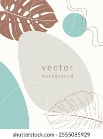 Botany background with abstract mocha mousse and blue shapes and monstera, template for flyer poster brochure and empty space for inscription.