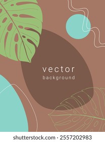 Botany background with abstract mocha mousse and blue green shapes and monstera, template for flyer poster brochure and empty space for inscription.