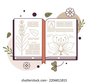 Botany book. Academic literature or textbook about plants. Homeopathy concept. Traditional herbal medicine as an alternative healthcare. Flat vector illustration