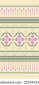 The Botany Classy Traditional of Violet Floral and Green Ornament On Pale Green Background. Seamless Pattern Vector. Elegant Tribal Vintage Garden. Illustration for Elegant Textile Design, Saree, Pate