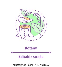 Botany concept icon. Science idea thin line illustration. Plant biology. Stump, may lily, open hand with sprout. Vector isolated outline drawing. Editable stroke