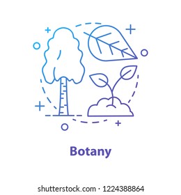 Botany concept icon. Science idea thin line illustration. Plant biology. Stump, may lily, open hand with sprout. Vector isolated outline drawing