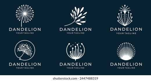 Botany dandelion logo set. Herbal leaves flowers vector illustrations for brand design. Brand and logo with dandelion plant silhouette, logotype of company