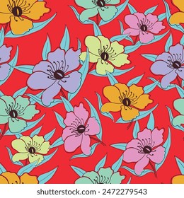 Botany ditsy seamless repeat pattern. Random placed, vector flowers with leaves all over print on red background