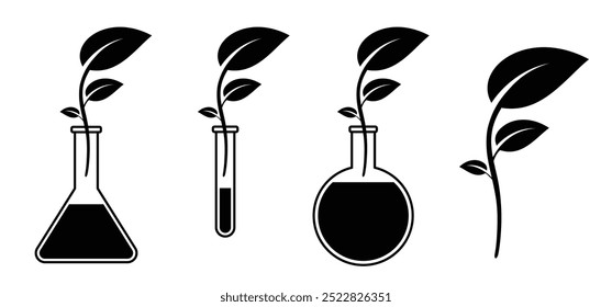 Botanik-Experiment. Konische Flasche Assay Tube, medizinische Teströhren Symbol. Chemieanlagen, Schild Erlenmeyerkolben. Flaschen oder Glaswaren. Formel oder Labor-Reagenzglas-Rack medizinisch. 