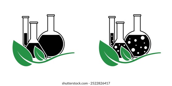 Botanik-Experiment. Konische Flasche Assay Tube, medizinische Teströhren Symbol. Chemieanlagen, Schild Erlenmeyerkolben. Flaschen oder Glaswaren. Formel oder Labor-Reagenzglas-Rack medizinisch. 