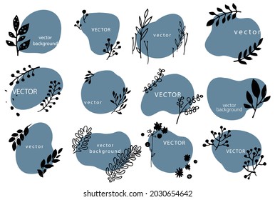 Botany and flora on banners with copy space and minimalist decor of flowers. Isolated abstract blots or shapes, branches and twigs with blooming and blossom of spring or summer. Vector in flat style