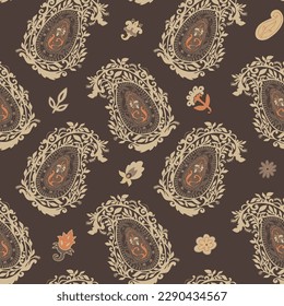 Botany and flowers in blossom decor, adornment with paisley and leaves, flora and foliage. Blossom and flourishing plant. Seamless pattern, background print or wallpaper. Vector in flat style