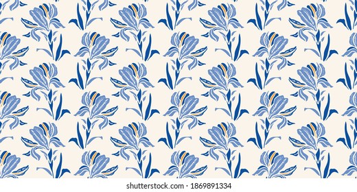 Botany Geometric Baroque Iris Flower Pattern. Seamless Vector Floral Background. Linocut Design. Vintage Kitchen. Kitchen Wear, Home Decor, Gift Wrap. Vector EPS 10 Tile.