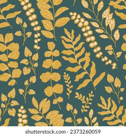 Botany golden leaves vector background. Creative texture for fabric, textile, design and fashion prints.
