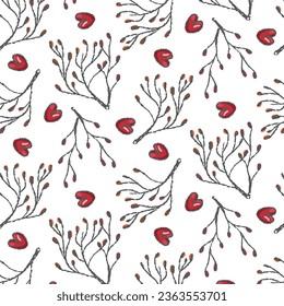 Botany and heart pattern, romantic seamless pattern on transparent background, cute design