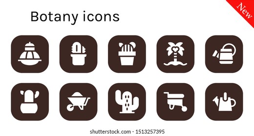 botany icon set. 10 filled botany icons.  Collection Of - Terrarium, Cactus, Coconut tree, Watering can, Wheelbarrow icons