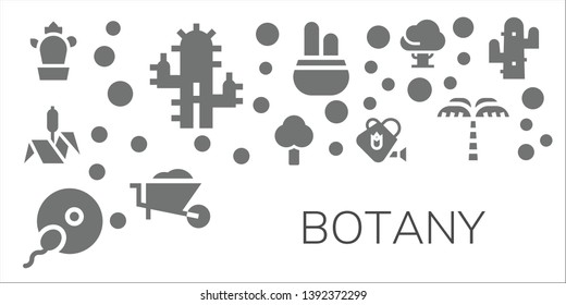 botany icon set. 11 filled botany icons.  Collection Of - Cactus, Bulrush, Tree, Fertilization, Watering can, Wheelbarrow, Palm tree