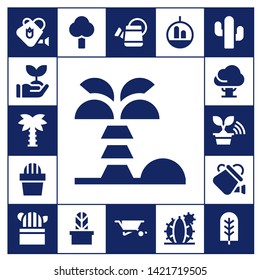 botany icon set. 17 filled botany icons.  Collection Of - Watering can, Sprout, Palm tree, Coconut tree, Cactus, Tree, Wheelbarrow