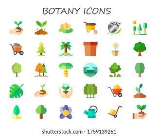 conjunto de iconos botánicos. 30 iconos de botánica plana.  Iconos modernos sencillos como: árbol vegetal, brote, lirio acuático, carretilla, palmeras, árboles, árbol, coco, maceta de flores, hoja de palmera