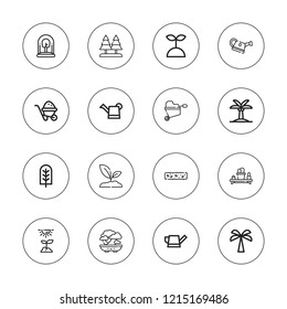 Botany icon set. collection of 16 outline botany icons with cactus, bonsai, bush, palm tree, watering can, sprout, tree, sprouts, trees icons.