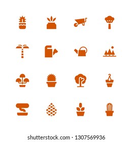 botany icon set. Collection of 16 filled botany icons included Cactus, Palm, Bonsai, Flowerpot, Tree, Flower pot, Watering can, Palm tree, Wheelbarrow