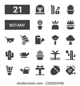 botany icon set. Collection of 21 filled botany icons included Watering can, Acorn, Palm tree, Cactus, Tree, Wheelbarrow, Botanical, Flower pot