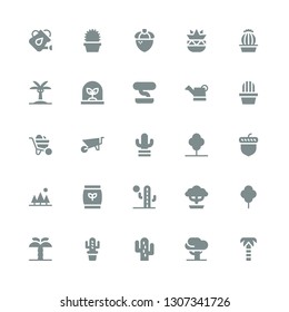 botany icon set. Collection of 25 filled botany icons included Palm tree, Tree, Cactus, Bonsai, Fertilizer, Acorn, Wheelbarrow, Watering can, Botanical