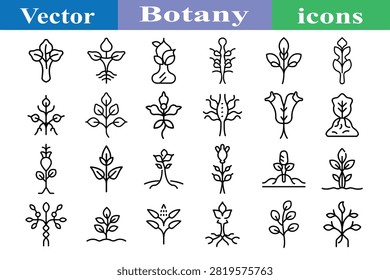 botany, icon, set, vector, line, outline, collection, plant, plants, leaf, leaves, sprout, sprouts, stem, stems, flower, flowers, root, roots, botanical, nature, natural, science, biology, flora, foliage, growth, grow, organic, eco, ecology, environment, environmental, garden, gardening, seed, seedling, symbol, sign, graphic, element, design, linear, minimal, simple, web, app, ui, isolated, background.