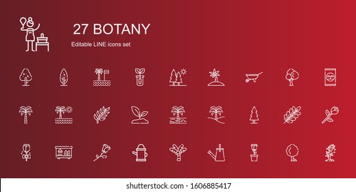 botany icons set. Collection of botany with rose, watering can, palm tree, terrarium, tree, sprout, branch, wheelbarrow, trees, fertilizer. Editable and scalable botany icons.